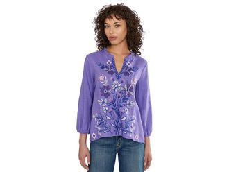 Johnny Was Ruffle Field Blouse - Adina Womens Clothing Paisley Purple : 2XL, Linen