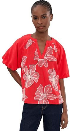 Vince Camuto Contrast Split Neck Band Bubble Sleeve Womens Clothing Lobster Red : SM, Linen/Rayon