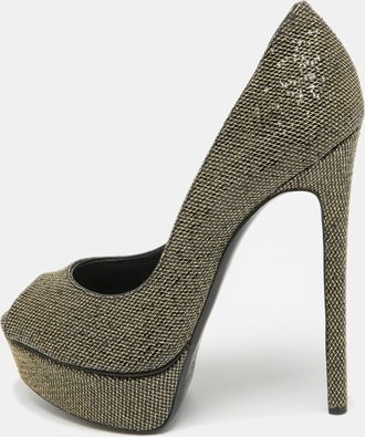 Casadei Gold/black Glitter & Lame Fabric Daisy Peep Toe Pumps