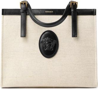 Versace Small Rivi&egrave;re Canvas Tote in Beige Black Gold at Nordstrom