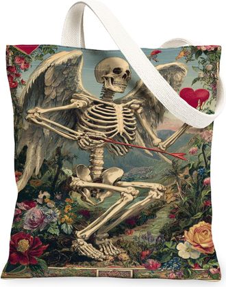 Generic Vintage Floral Skeleton Canvas Tote Bag, Artistic Design Reusable Grocery Bags, Lightweight Washable Shoulder Strap Tote Fo, Multicolor, 13x15 Inch