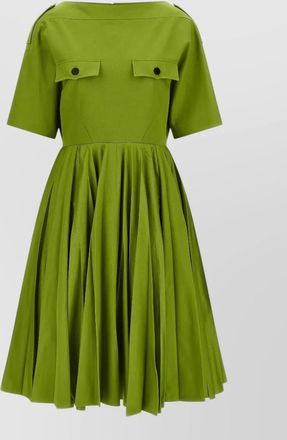 Prada cotton chino boat neck short sleeve pleated midi dress