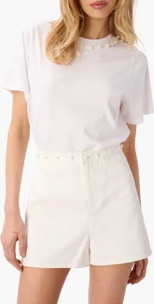 Cami NYC Mattea Faux Pearl Trim Pima Cotton T-Shirt in White at Nordstrom, Size Xx-Small