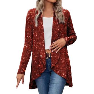 Generic Sequin Cardigan for Women UK Sparkly Shiny Sequins Jacket Glitter Ladies Elegant Open Front Coat Metallic Cover Up Casual Lightweight Shrug High-Low H