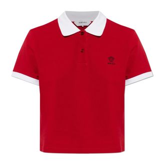 Versace Polo Shirts, female, Red, Size: 3XS Embroidered Cotton Piqu&eacute; Polo