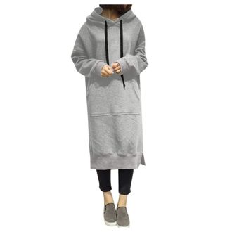 Generic WomenS Long Sleeve Hoodie Dress,Womens Casual Loose Hoodie Sweatshirt Dresses Long Sleeve Solid Color Pullover Maxi Dress Grey