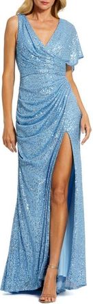 Mac Duggal Sequined Asymmetrical Draped Trumpet Gown in Blue at Nordstrom, Size 14