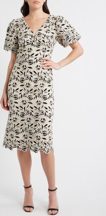 Elie Tahari The Presley Cotton Blend Lace Midi Dress in Ivory/noir at Nordstrom, Size 14