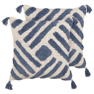 Beliani Conjunto De 2 Cojines De Algod&oacute;n Azul Beige 45 X 45 Cm Borlas Relleno Jacaranda