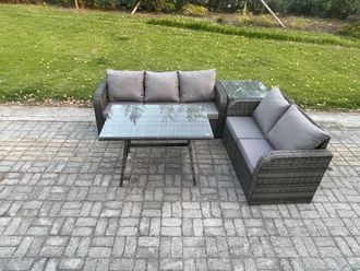 Fimous High Back PE Rattan Sofa Set Outdoor Garden Furniture Dining Table Set Love Sofa 3 Seater Sofa Side Table in Dark Grey