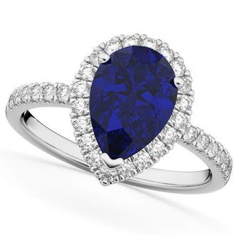 Allurez Pear Cut Halo Blue Sapphire & Diamond Engagement Ring 14K in 3.01Ct/white Gold at Nordstrom, Size 8.5