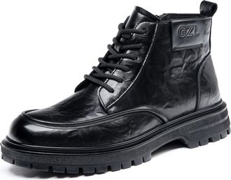 Generic Mens Flat Heel Short Boots Lace Up Office Work Shoes with Side Zipper Round Toe PU Leather Ankle Boot,Black,5.5 UK