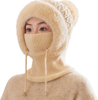 Generic Winter Warm Knitted Caps with Neck Womens Warm Fleece Lined Woolly Pom Pom Beanie Hat Adjustable Drawstring Windproof Balaclava Hooded Hats for Outdoo