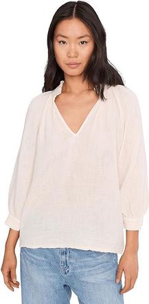 Michael Stars Kali 3/4 Sleeve Ruffle Neck Womens Clothing Chalk : LG (US 8-10), Cotton