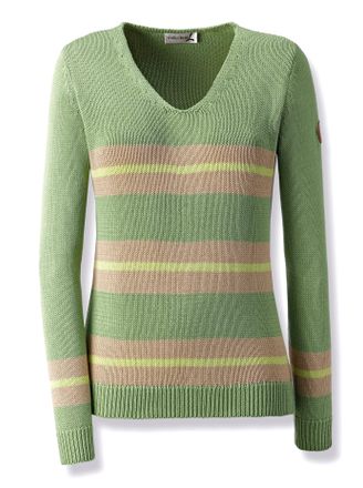 Casual Looks V-Ausschnitt-Pullover CASUAL LOOKS Pullover, Damen, Gr. 46, beige (eucalyptus, beige), 50% Baumwolle, 50% Polyacryl, gemustert, gestreift, mehrfarbig,