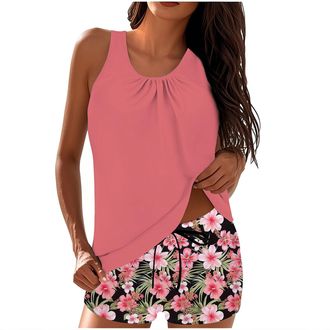 Generic Womens Plus Size Swimming Costume Tank Tops with Boyleg Shorts Two Piece Swimming Costume Bathing Printed Solid High Waist Loose Comfy Swimwear Casual