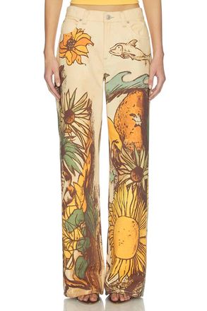 Free People Printed Straight Leg Jeans In Beach Scene