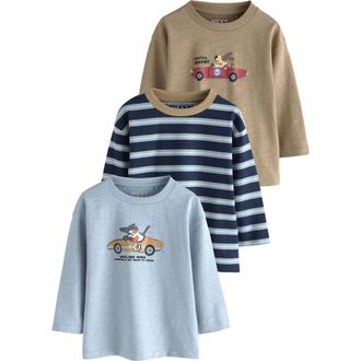 Next Kids Pack of 3 Assorted Long Sleeve Cotton Graphic T-Shirts in Blue/neutral Multi at Nordstrom, Size 3-4T
