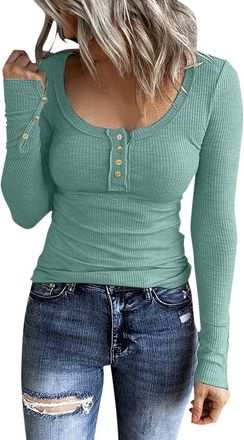 Generic Basic Long Sleeve Shirt, Womens Elegant Knitted Jumper, U-Neck Knitted Jumper, Long Sleeve with Buttons, Plain Casual Tight Pullover, Sweater, Top, To
