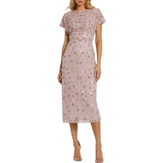 Mac Duggal Petite Cap Sleeve Sheath Midi Dress With Floral Beading in Vintage Lilac at Nordstrom, Size 14