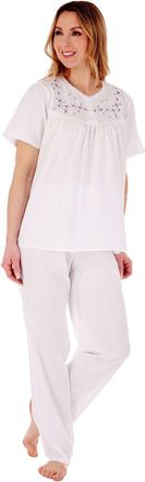 Slenderella PJ3271 Womens White Cotton Embroidered Pyjama Set Medium