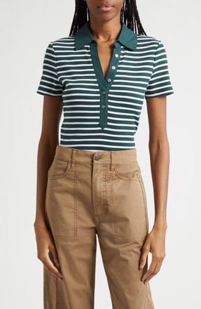 Veronica Beard Kearney Stripe Mixed Media Stretch Cotton Top in Pine/white at Nordstrom, Size X-Large