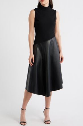 Maggy London Mixed Media Asymmetric Mock Neck Midi Dress in Black/black at Nordstrom, Size 14