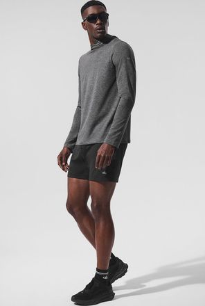 Alo | Conquer Reform Long Sleeve With Hood Top in Dark Heather Grey, Size: Small