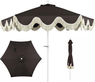 Jonathan Y Designs Collins 9 ft. Classic Cottage Fringe Tassel Market Patio Umbrella with Auto-Tilt Crank, Wind Vent and UV Protection in Black and White Stripe/Cream, W