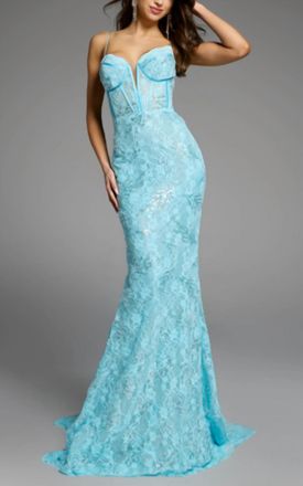 Jovani Sweetheart Lace Gown With Corset Bodice And Lace-Up Back In Blue
