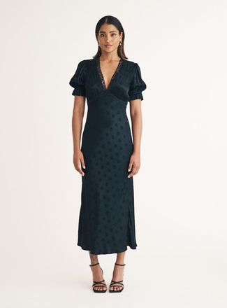 Nobody's Child Black Polka Dot Jacquard Angela Midi Dress