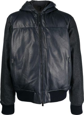 Tagliatore contrast-panel hooded bomber jacket - men - Polyester/Lamb Skin/Recycled Polyester/Virgin Wool - 52 - Blue