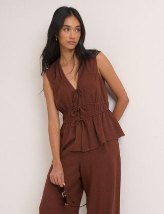 Nobody's Child Brown Cordie Ruched Tie Front Top