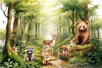OEM Fotomural Infantil: Bosque Verde Y Sus Animales: Osito De Peluche, Liebre, Mapache, Zorro M174 300x200