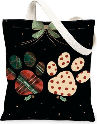 Generic Christmas Paw Print Canvas Tote Bags, Cute Animal Pattern Reusable Bags, Holiday Vintage Lightweight Washable Shoulder Strap Tote for Travel Picnic 13