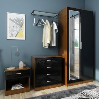 Elegant Lighting Modern High Gloss Wardrobe and Cabinet Furniture Set 2 Doors Wardrobe and 4 Drawer Chest and Bedside Cabinet, Black/Walnut, with Mirror - Elegant