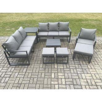 Fimous Fimous Aluminium Outdoor Lounge Sofa Set Garden Furniture Sets with Square Coffee Table Chair 3 Footstools Side Table Dark Grey