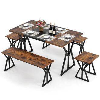 Costway Costway 5PCS Dining Room Set Industrial Kitchen Table w/2 Benches & 2 Stools in Brown