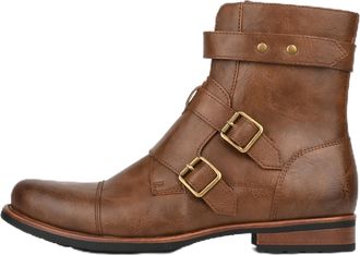 Generic Mens Winter Leather Ankle Boots, Non-Slip Zip Snow Boots with Buckle Detail, Lightweight Outdoor Hiking Footwear,Brown,12.5 UK