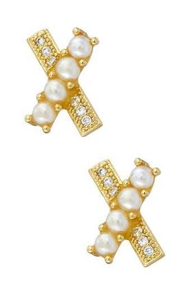Savvy Cie Jewels Imitation Pearl & Crystal X Stud Earrings in Yellow at Nordstrom Rack