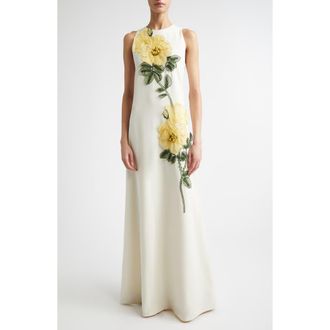 Lela Rose Peony Embroidered Appliqu&eacute; Column Gown in Cream/yellow at Nordstrom, Size 14