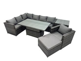 Fimous 8-seater Rattan Garden Furniture Dining Set with Big Stool Side Table in Dark Grey