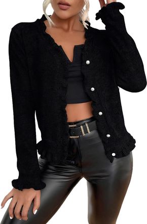 Generic Womens Cardigans Ruffle Collar Fashion Knitted Open Front Jumpers with Button Long Sleeve Tops Women Loose Ladies Knitwear Sweaters Soft Warm Short Co