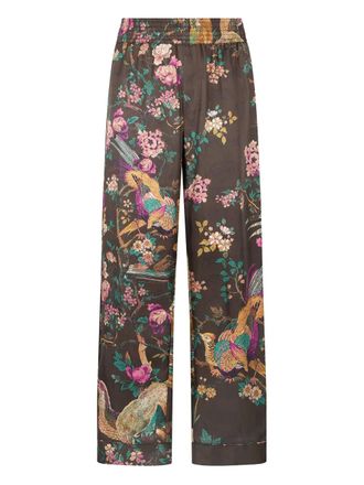Roberto Cavalli bird-print silk trousers - Brown