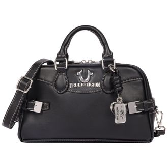 True Religion Brooks Smooth PU Belted Satchel - Womens Top Handle Satchel with Detachable Crossbody Strap (Black)