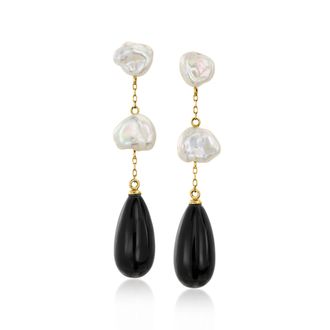 Ross-Simons Black Agate and 8-9mm Keshi Pearl Drop Earrings in 14kt Yellow Gold