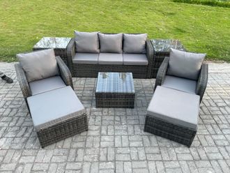 Fimous Patio Garden Furniture Sets Wicker 7 Seater Outdoor Rattan Furniture Sofa Sets with Square Coffee Table 2 Side Tables in Dark Grey