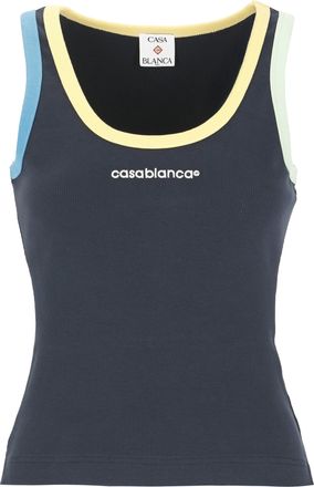 Casablanca Blue Ribbed Multicolor Trim Cotton Tank Top