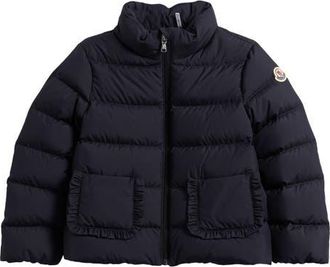 Moncler Kids Onica Ruffle Pocket Down Puffer Jacket in Blue Navy at Nordstrom, Size 12-18M