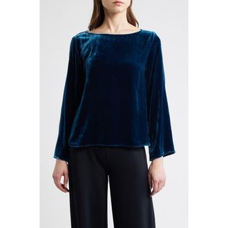 Eileen Fisher Ballet Neck Flare Sleeve Velvet Top in Atlantis at Nordstrom Rack, Size Xx-Small
